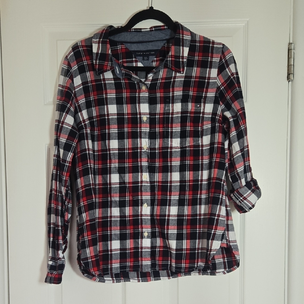 Tommy Hilfiger Women’s Large Red Navy Plaid Button Down Shirt Roll Tab Sleeves - Picture 2 of 10
